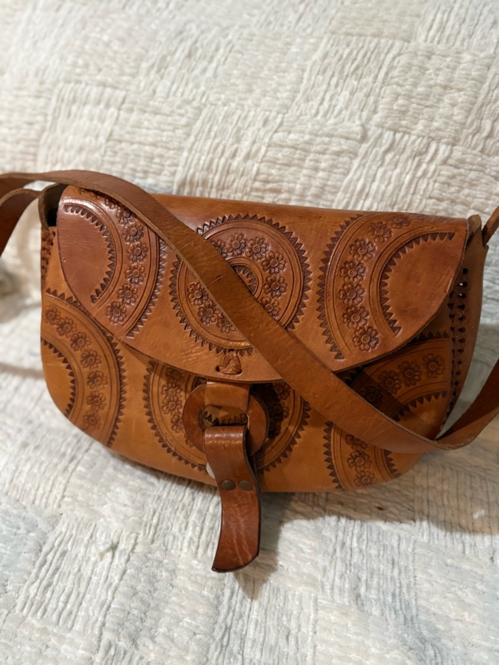 Hand-Tooled Leather Crossbody Bag - Brown